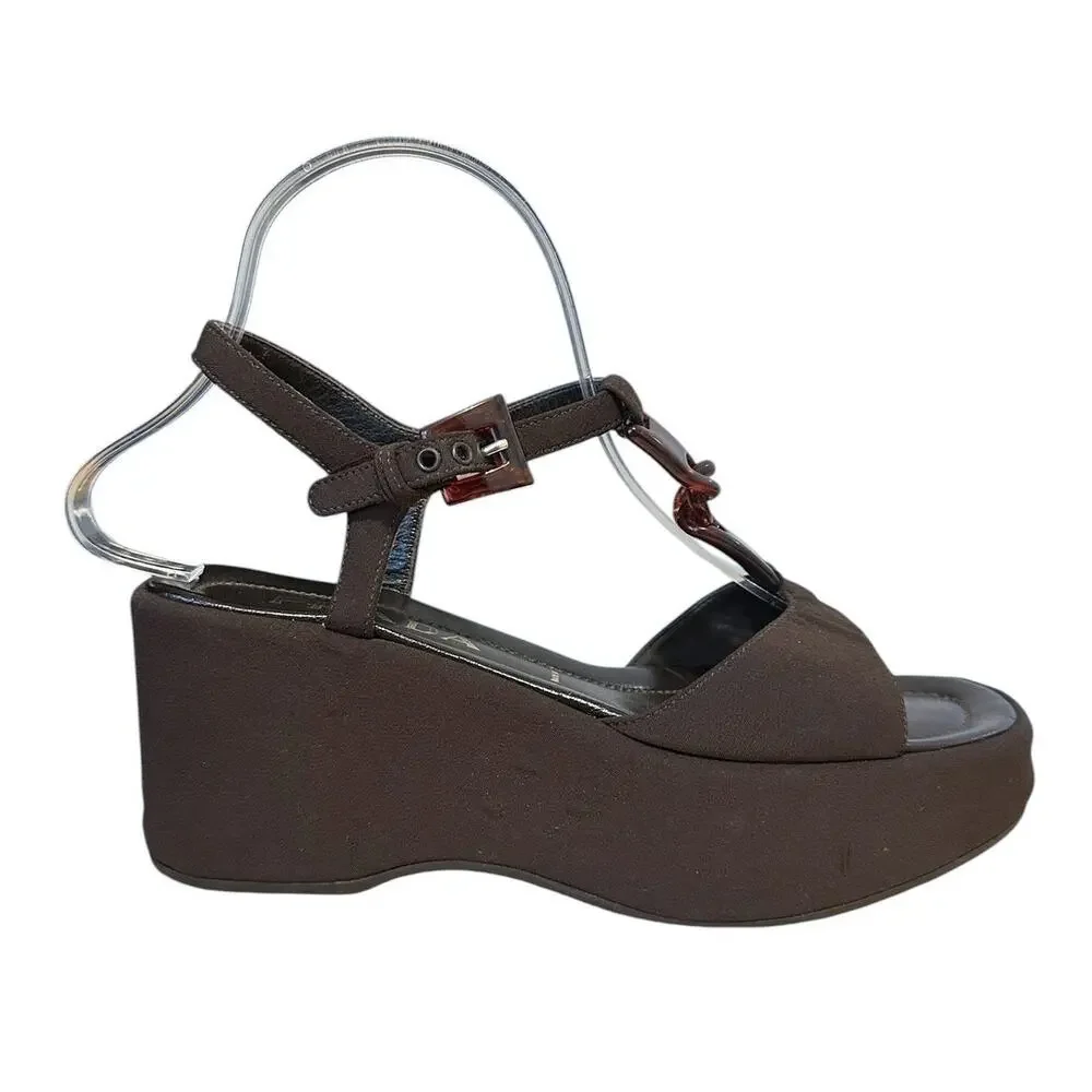 Prada vintage brown platform wedge tortoise chain sandals  Y2K 8
